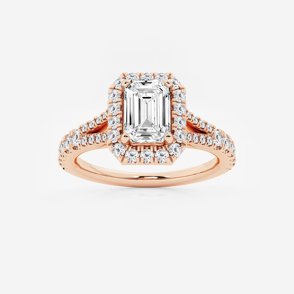 1 1/2 ctw Emerald Lab Grown Diamond Split Shank Halo Engagement Ring