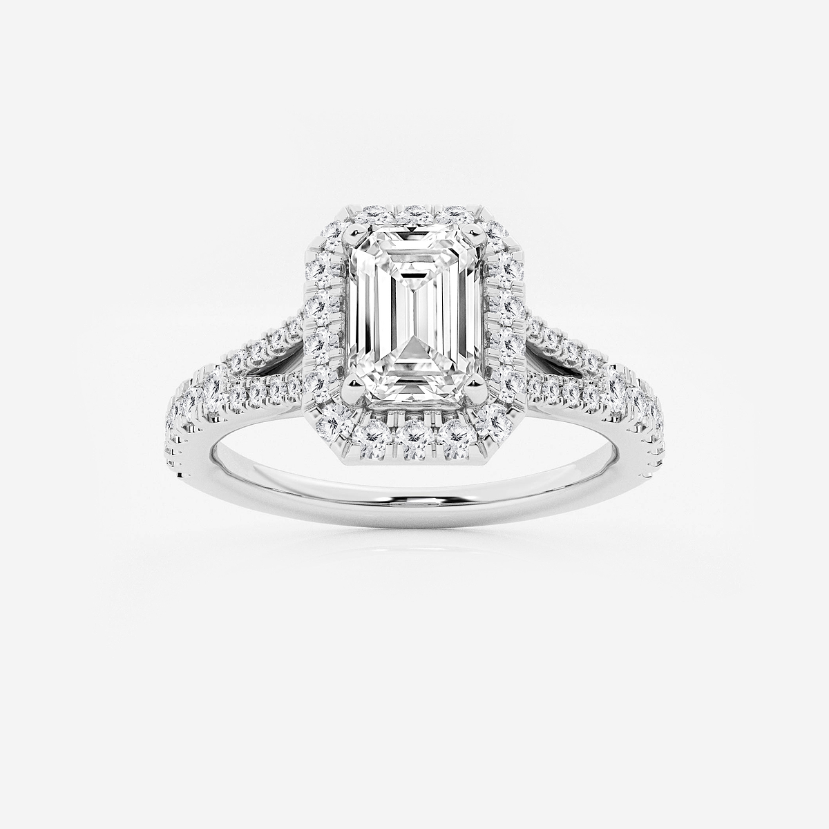 1 1/2 ctw Emerald Lab Grown Diamond Split Shank Halo Engagement Ring 14K White Gold, F, VS2