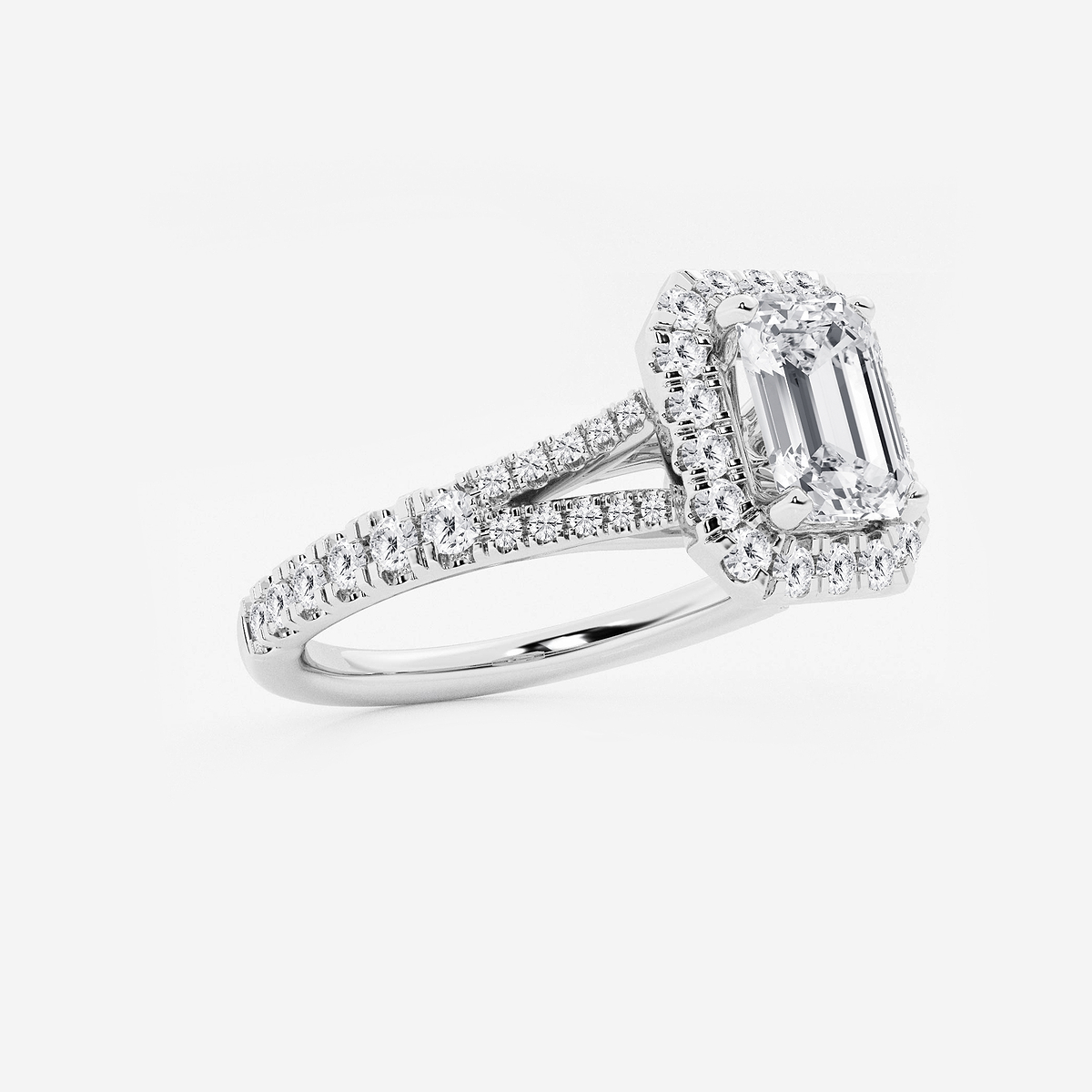 1 1/2 ctw Emerald Lab Grown Diamond Split Shank Halo Engagement Ring 14K White Gold, F, VS2