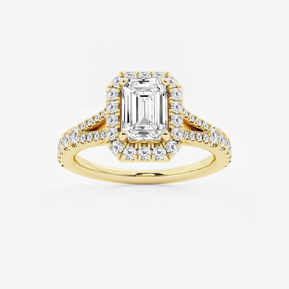 1 1/2 ctw Emerald Lab Grown Diamond Split Shank Halo Engagement Ring