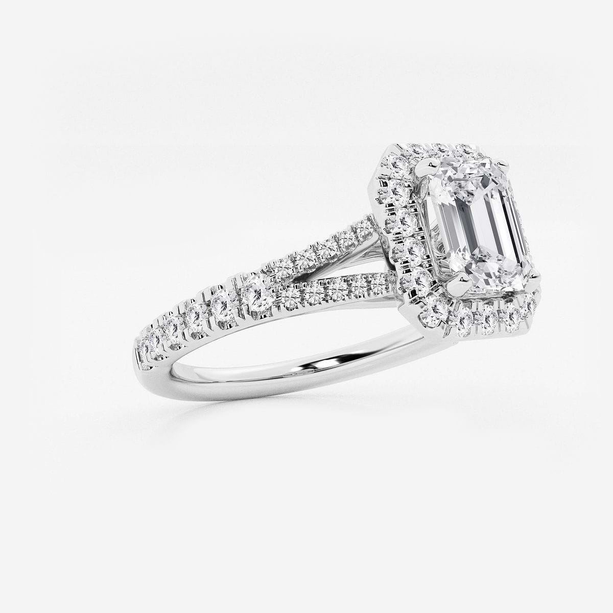 1 1/5 ctw Emerald Lab Grown Diamond Split Shank Halo Engagement Ring Platinum, F, VS2