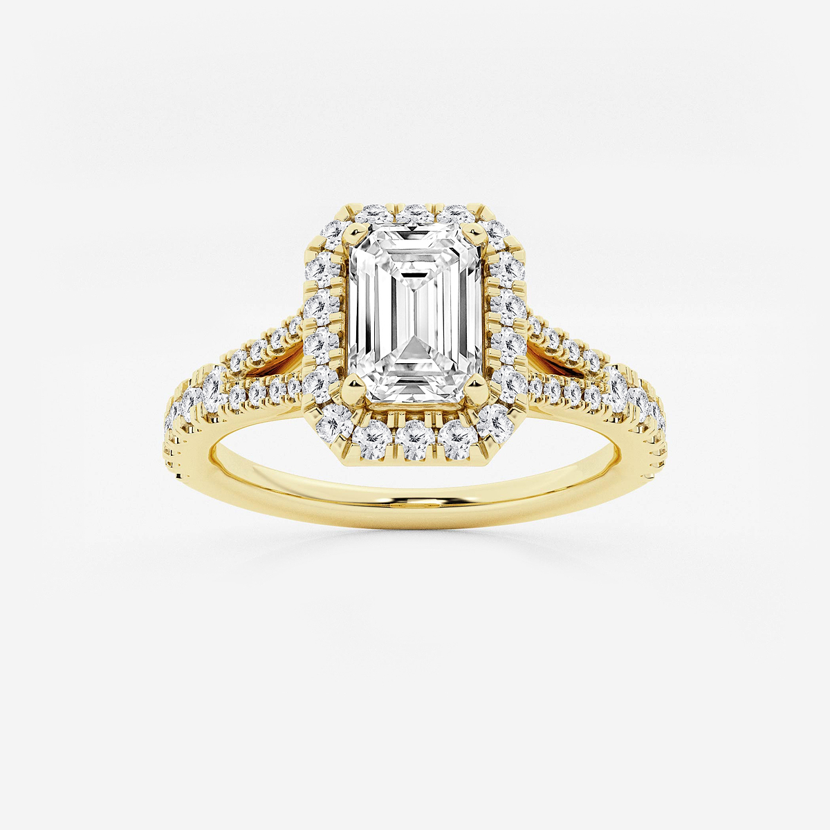 1 1/5 ctw Emerald Lab Grown Diamond Split Shank Halo Engagement Ring 14K Yellow Gold, FG, VS2+