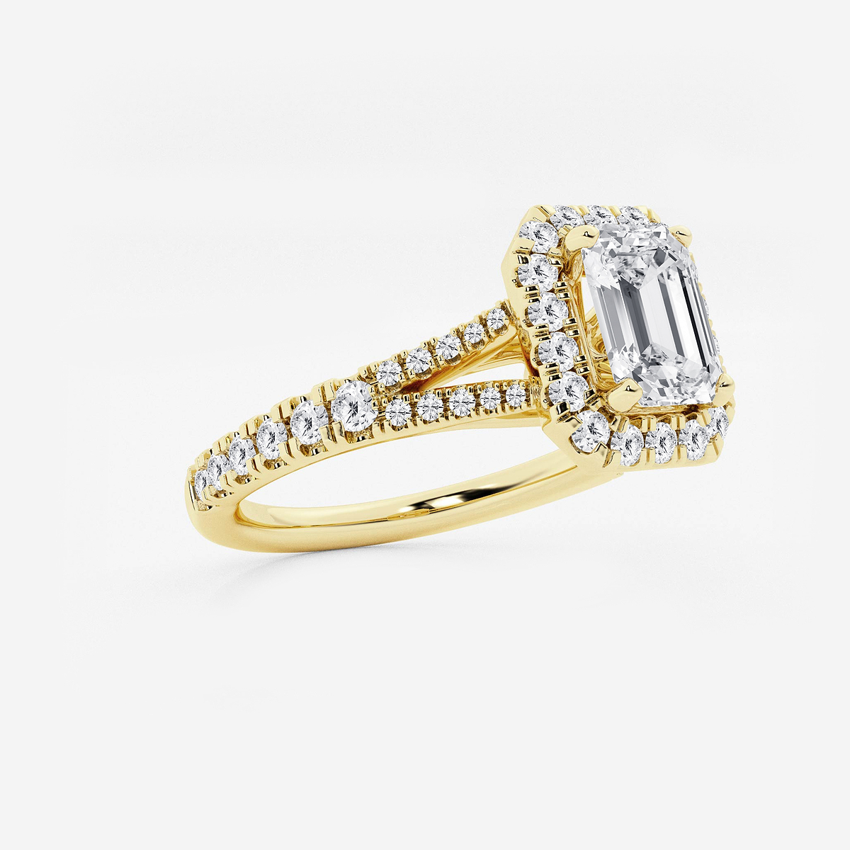 1 1/5 ctw Emerald Lab Grown Diamond Split Shank Halo Engagement Ring 14K Yellow Gold, FG, VS2+