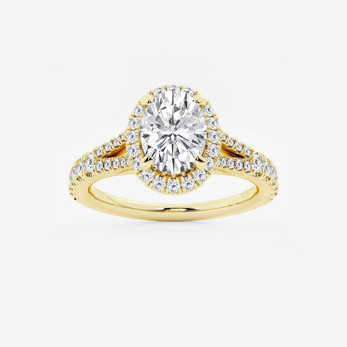 1 1/2 ctw Oval Lab Grown Diamond Split Shank Halo Engagement Ring 14K Yellow Gold, E, VS1
