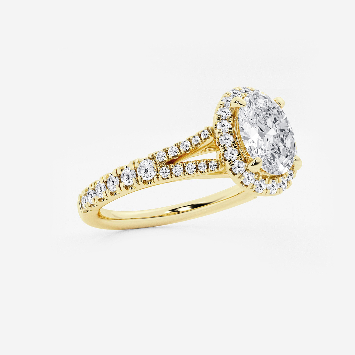 1 1/2 ctw Oval Lab Grown Diamond Split Shank Halo Engagement Ring 14K Yellow Gold, E, VS1