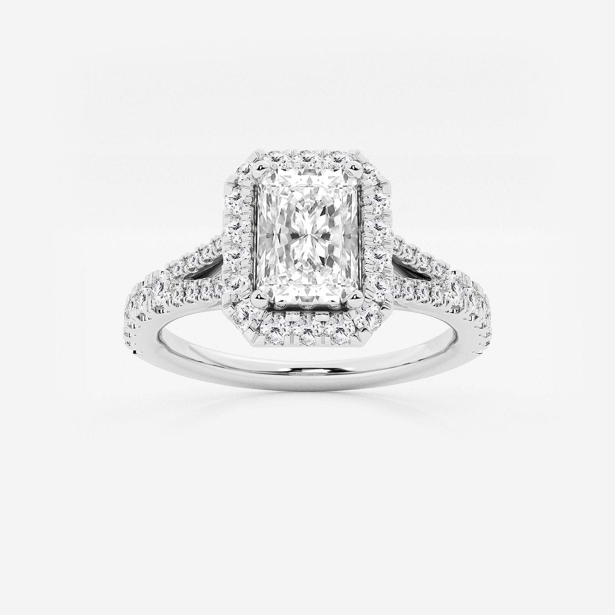 1 1/5 ctw Radiant Lab Grown Diamond Split Shank Halo Engagement Ring 14K White Gold, FG, VS2+
