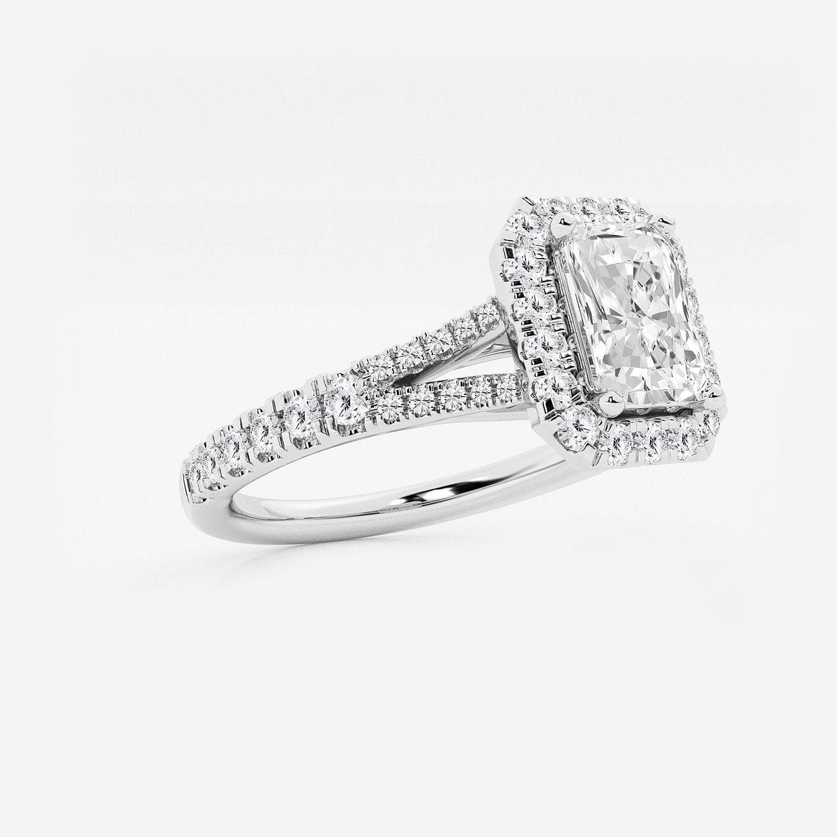 1 1/5 ctw Radiant Lab Grown Diamond Split Shank Halo Engagement Ring 14K White Gold, FG, VS2+
