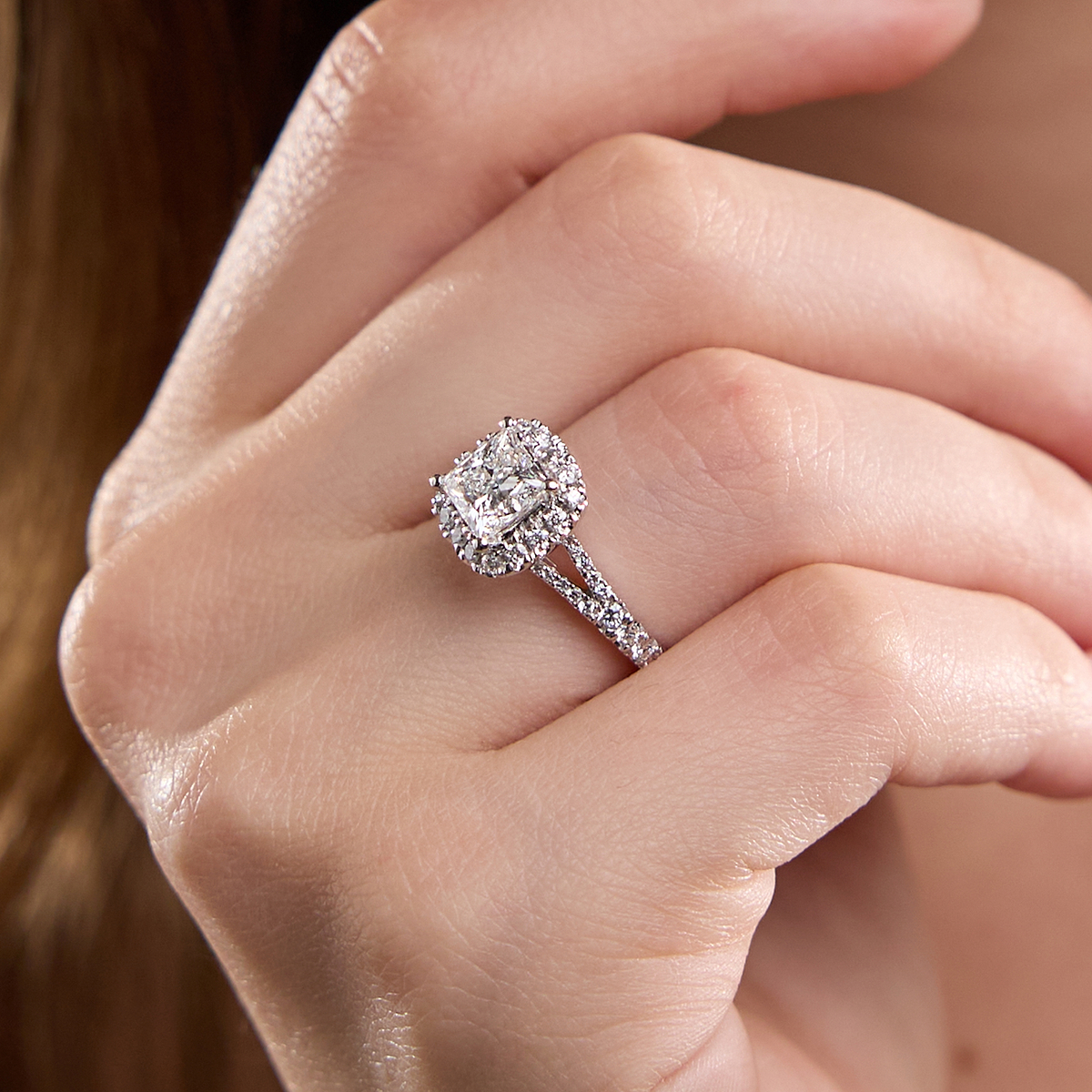 1 1/5 ctw Princess Lab Grown Diamond Split Shank Halo Engagement Ring 14K White Gold, FG, VS2+