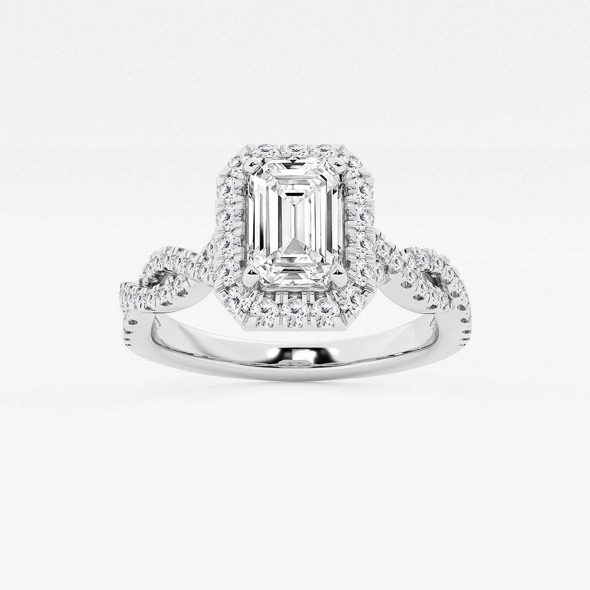 1 1/8 ctw Emerald Lab Grown Diamond Double Twist Halo Engagement Ring