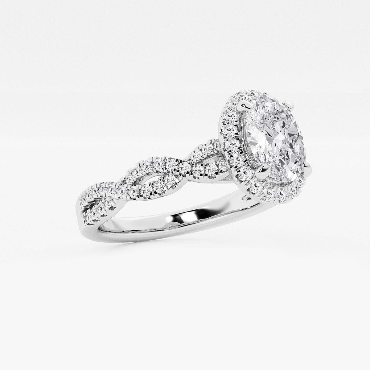 1 1/8 ctw Oval Lab Grown Diamond Double Twist Halo Engagement Ring 14K White Gold, F, VS2