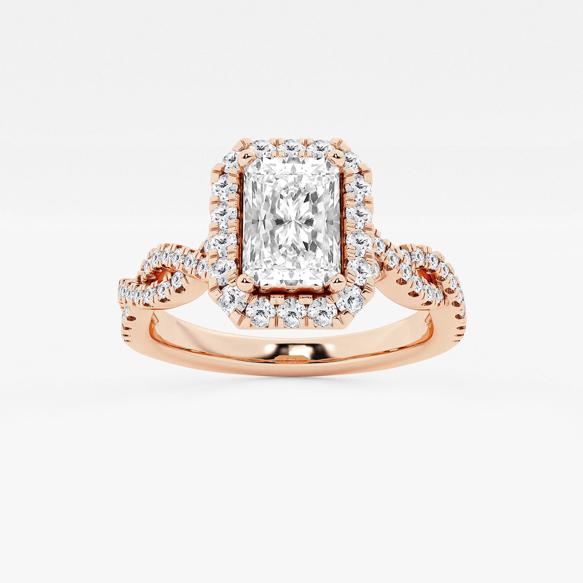 1 1/8 ctw Radiant Lab Grown Diamond Double Twist Halo Engagement Ring