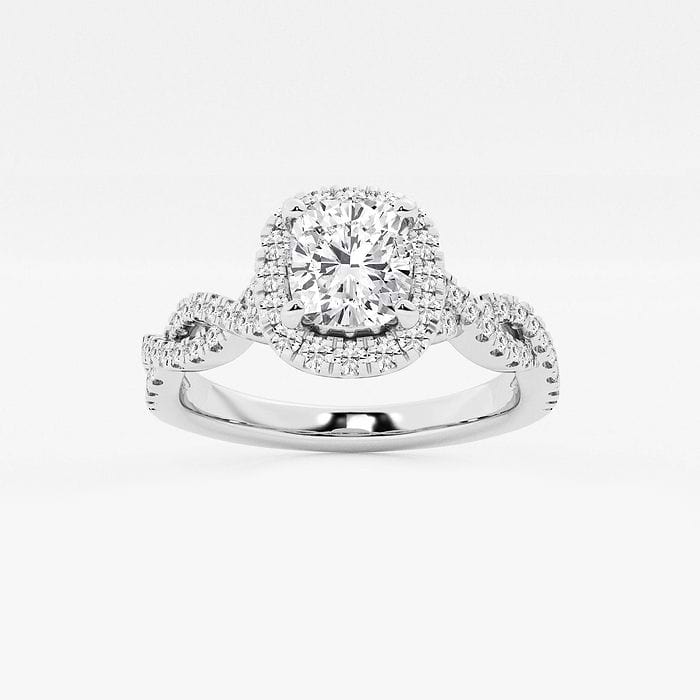 1 1/8 ctw Princess Lab Grown Diamond Double Twist Halo Engagement Ring 14K White Gold, FG, VS2+