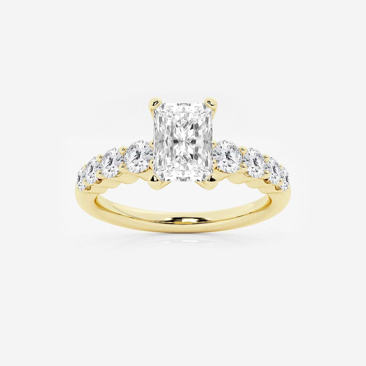 1 1/2 ctw Radiant Lab Grown Diamond Graduated Engagement Ring 14K Yellow Gold, E+, VS1+