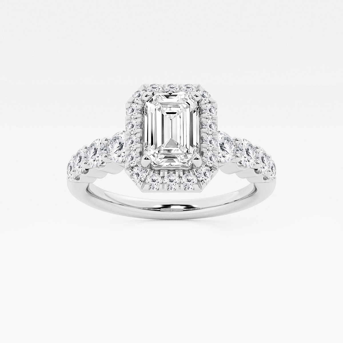 1 2/3 ctw Emerald Lab Grown Diamond Graduated Halo Engagement Ring