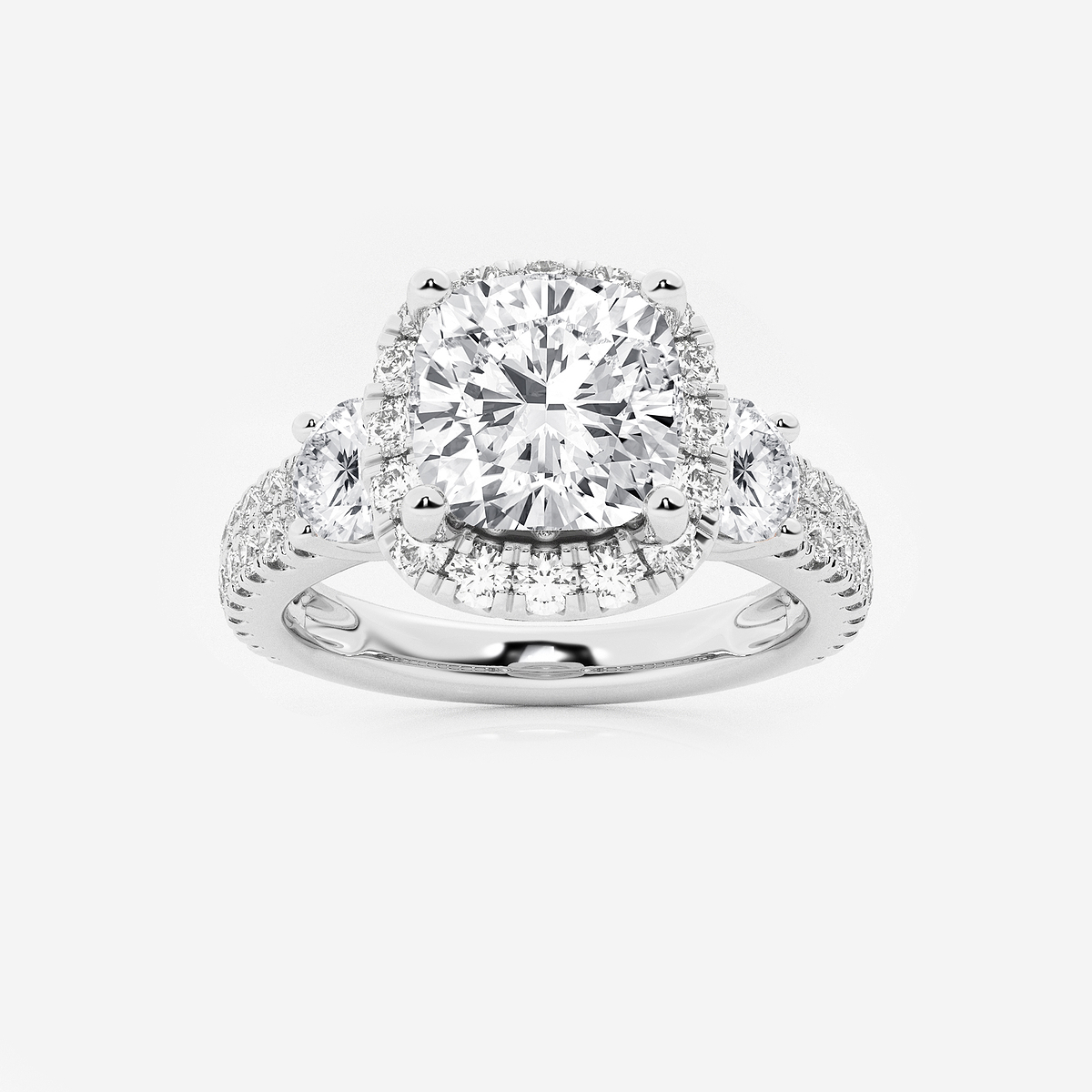 3 1/4 ctw Cushion Lab Grown Diamond Double Row Side Stones Halo Engagement Ring Platinum, E, VS1