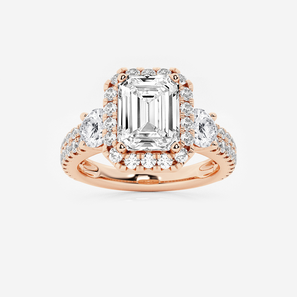 3 1/4 ctw Emerald Lab Grown Diamond Double Row Side Stones Halo Engagement Ring