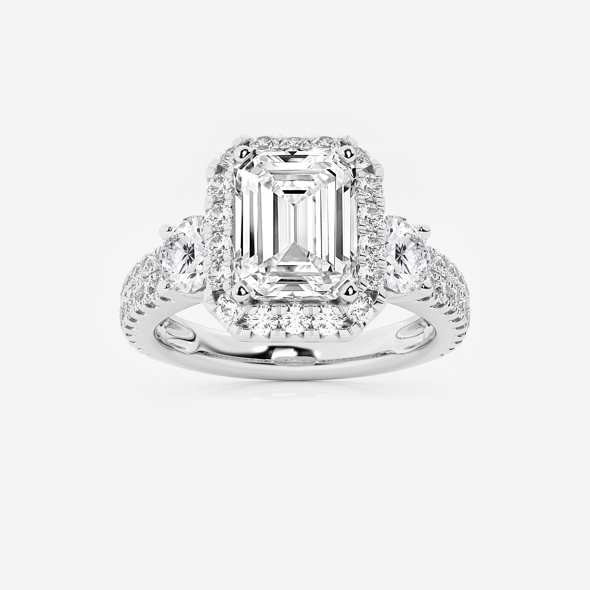 3 1/4 ctw Emerald Lab Grown Diamond Double Row Side Stones Halo Engagement Ring