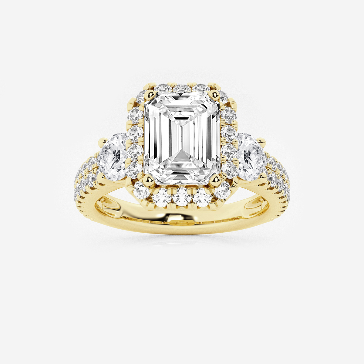 3 1/4 ctw Emerald Lab Grown Diamond Double Row Side Stones Halo Engagement Ring
