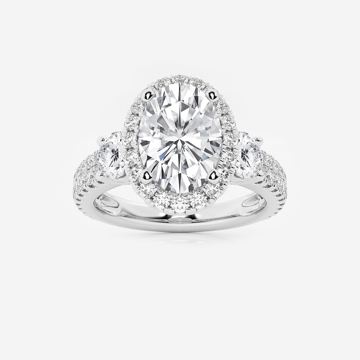 3 1/4 ctw Oval Lab Grown Diamond Double Row Side Stones Halo Engagement Ring 14K White Gold, E, VS1
