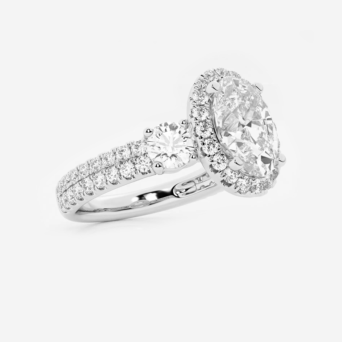3 1/4 ctw Oval Lab Grown Diamond Double Row Side Stones Halo Engagement Ring 14K White Gold, E, VS1