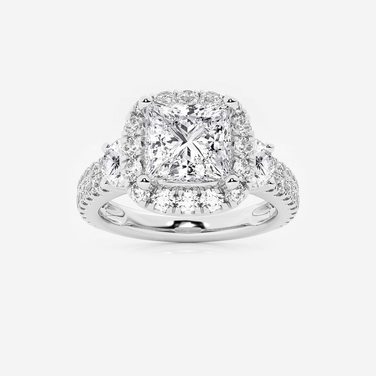 3 1/4 ctw Princess Lab Grown Diamond Double Row Side Stones Halo Engagement Ring 14K White Gold, F, VS2