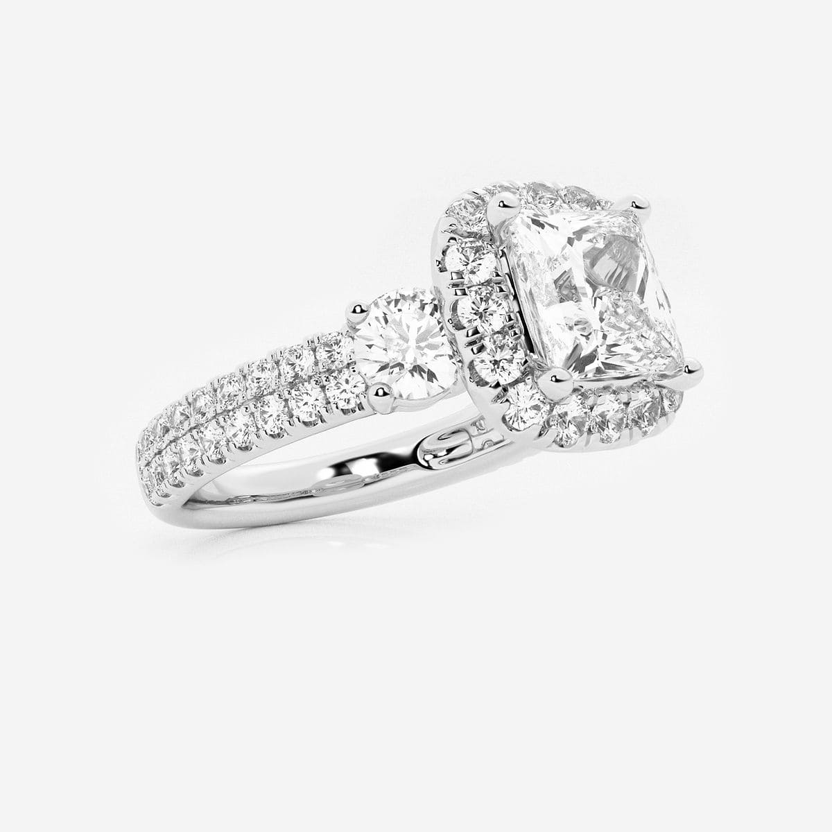 3 1/4 ctw Princess Lab Grown Diamond Double Row Side Stones Halo Engagement Ring 14K White Gold, F, VS2
