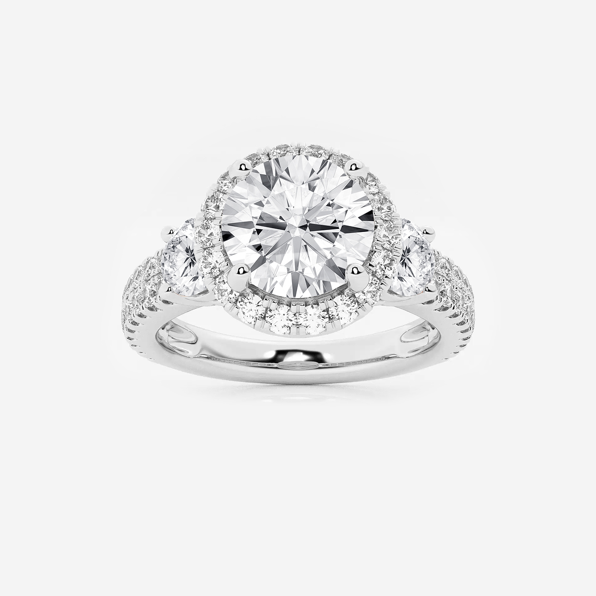 3 1/4 ctw Round Lab Grown Diamond Double Row Side Stones Halo Engagement Ring 14K White Gold, F, VS2