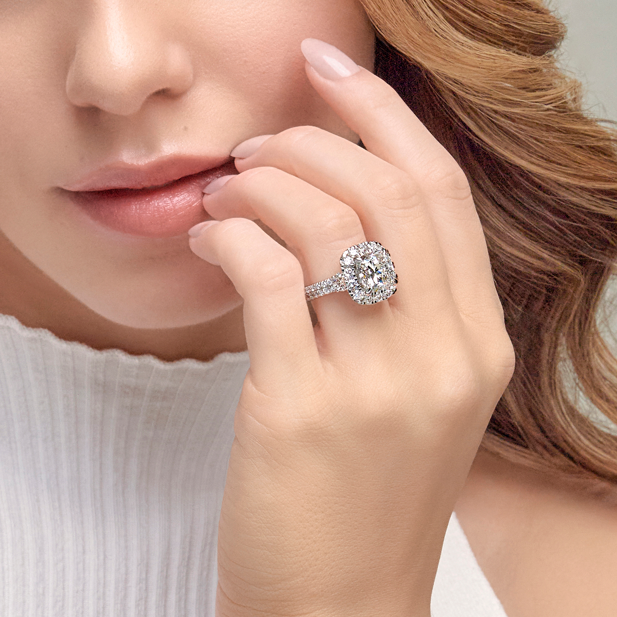 7 ctw Cushion Lab Grown Diamond Double Row Side Stones Halo Engagement Ring