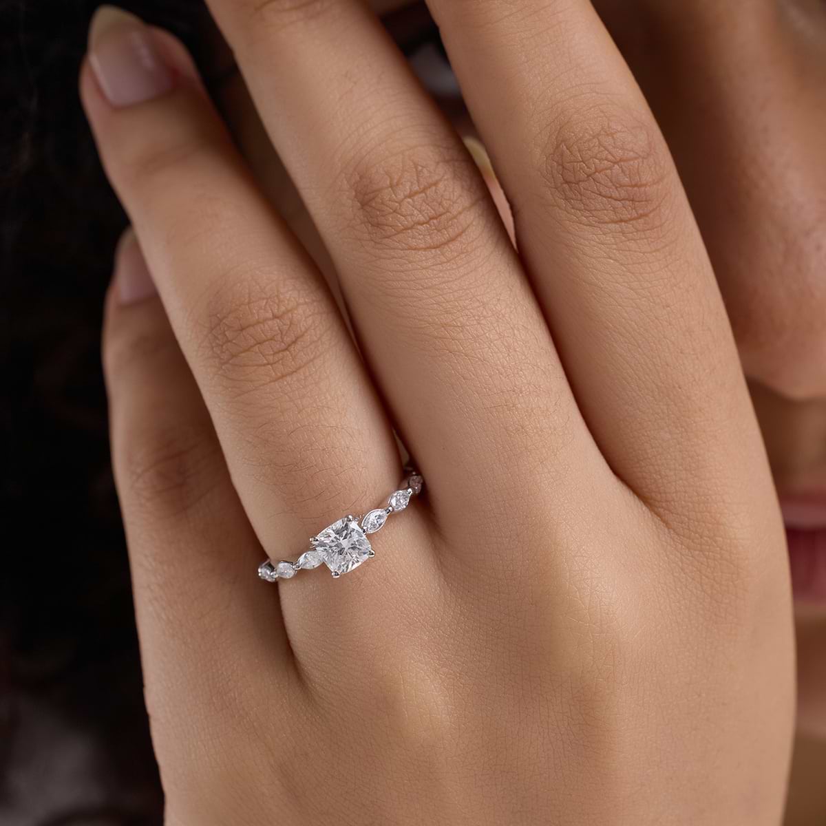 1 2/5 ctw Cushion Lab Grown Diamond Engagement Ring with Floating Marquise Side Accents