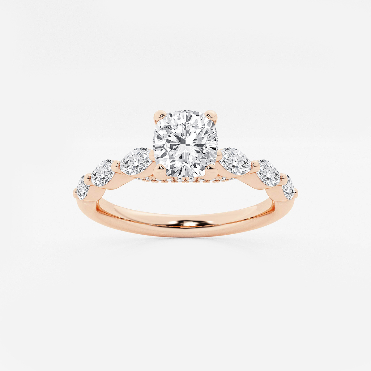 1 1/6 ctw Cushion Lab Grown Diamond Engagement Ring with Floating Marquise Side Accents