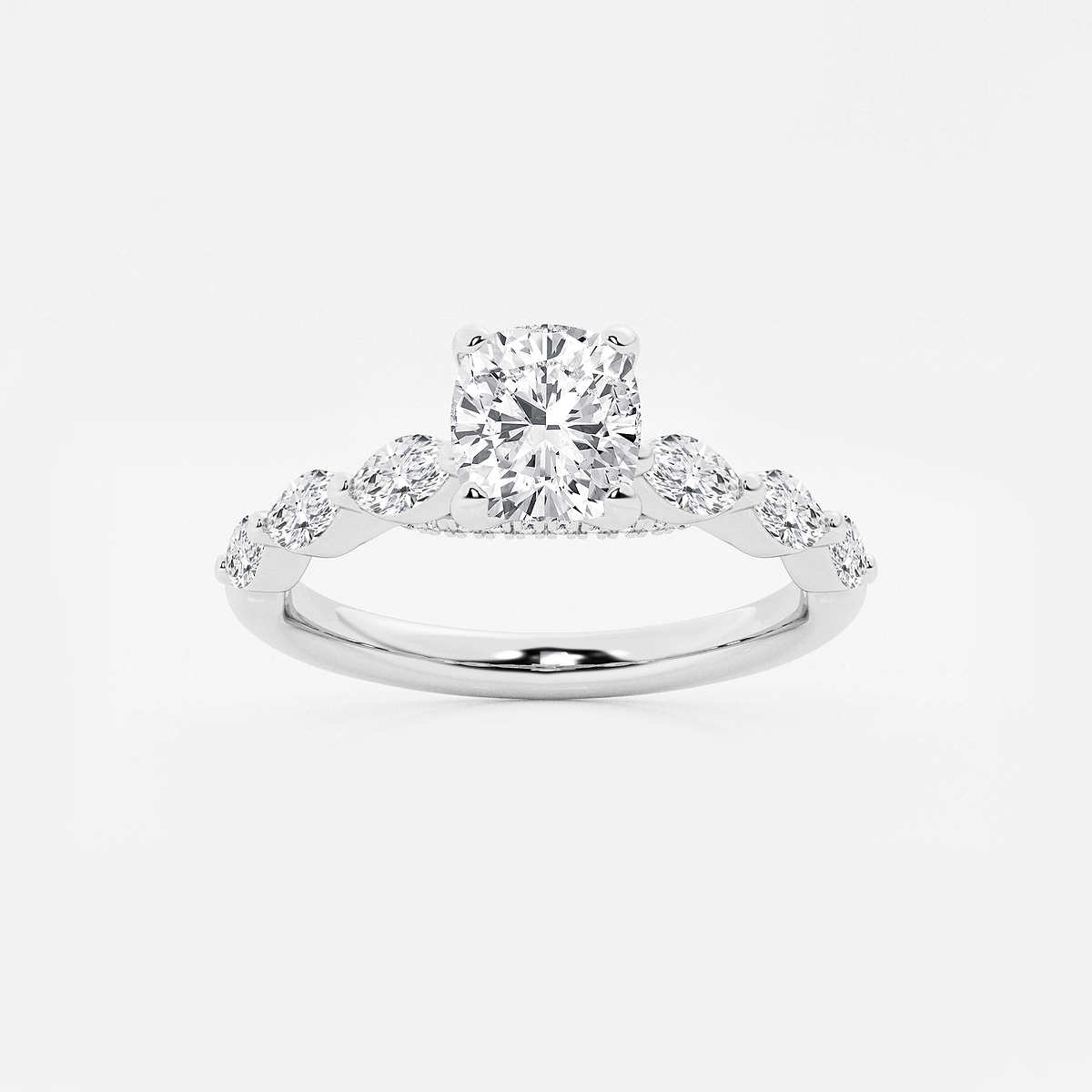 1 1/6 ctw Cushion Lab Grown Diamond Engagement Ring with Floating Marquise Side Accents