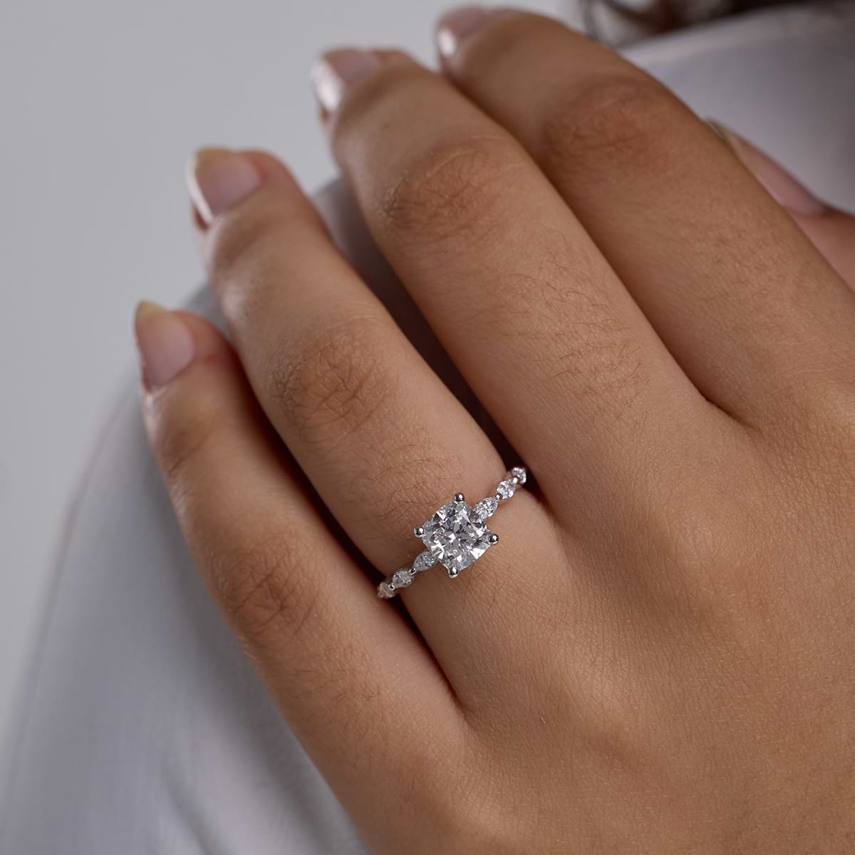 3 ctw Cushion Lab Grown Diamond Engagement Ring with Floating Marquise Side Accents