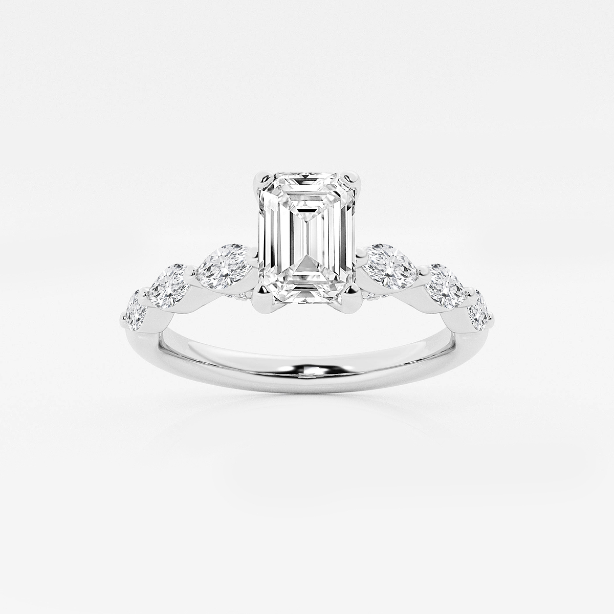 1 1/6 ctw Emerald Lab Grown Diamond Engagement Ring with Floating Marquise Side Accents 14K White Gold, F, VS2