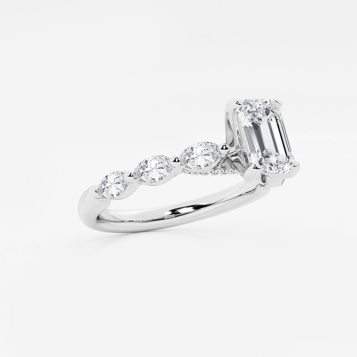 1 1/6 ctw Emerald Lab Grown Diamond Engagement Ring with Floating Marquise Side Accents 14K White Gold, F, VS2