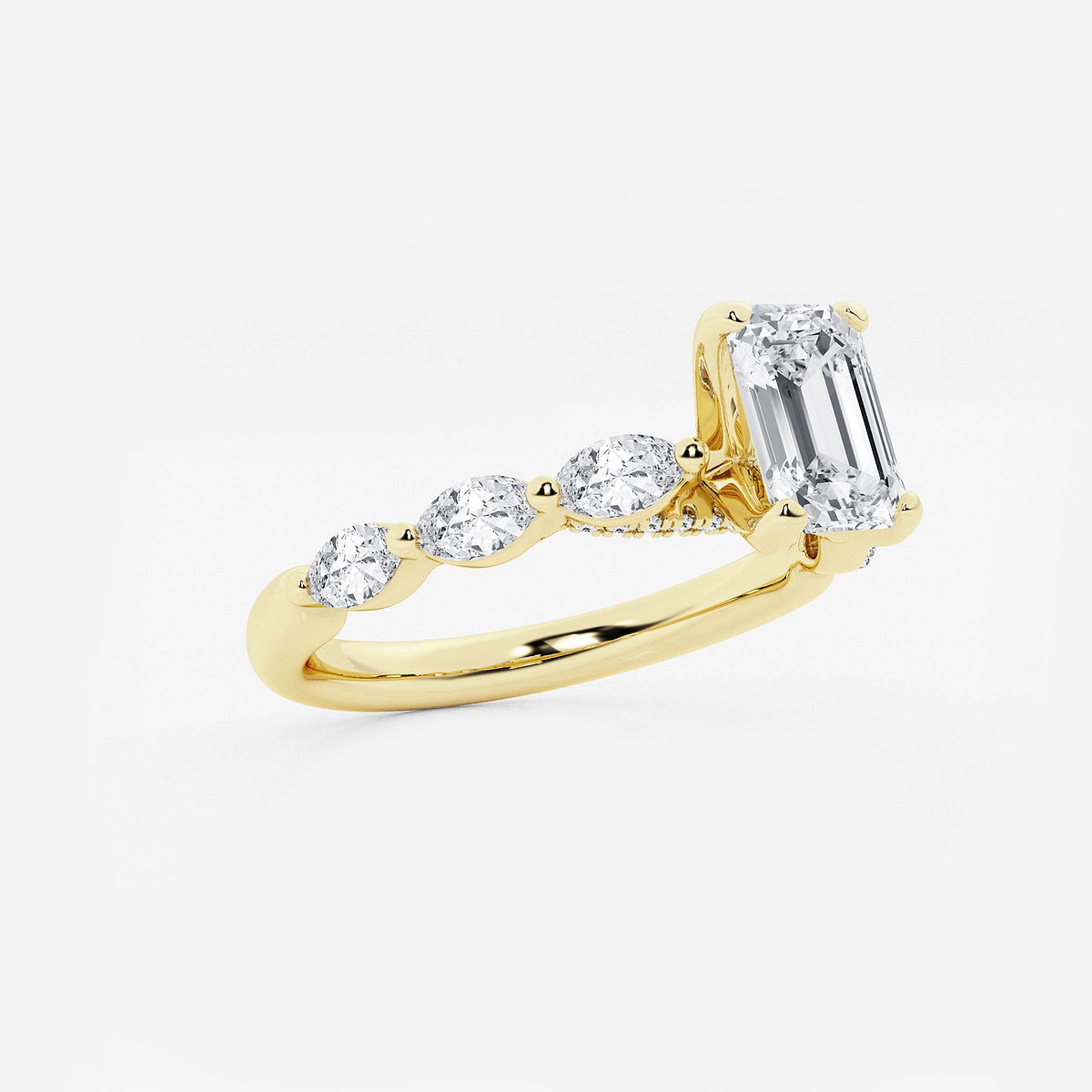 1 2/5 ctw Emerald Lab Grown Diamond Engagement Ring with Floating Marquise Side Accents 14K Yellow Gold, F, VS2