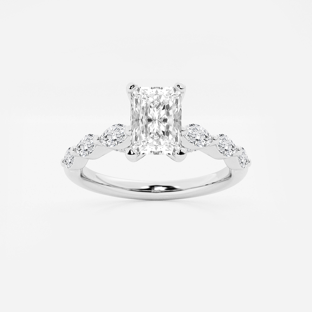 1 1/6 ctw Radiant Lab Grown Diamond Engagement Ring with Floating Marquise Side Accents 14K White Gold, E, VS1