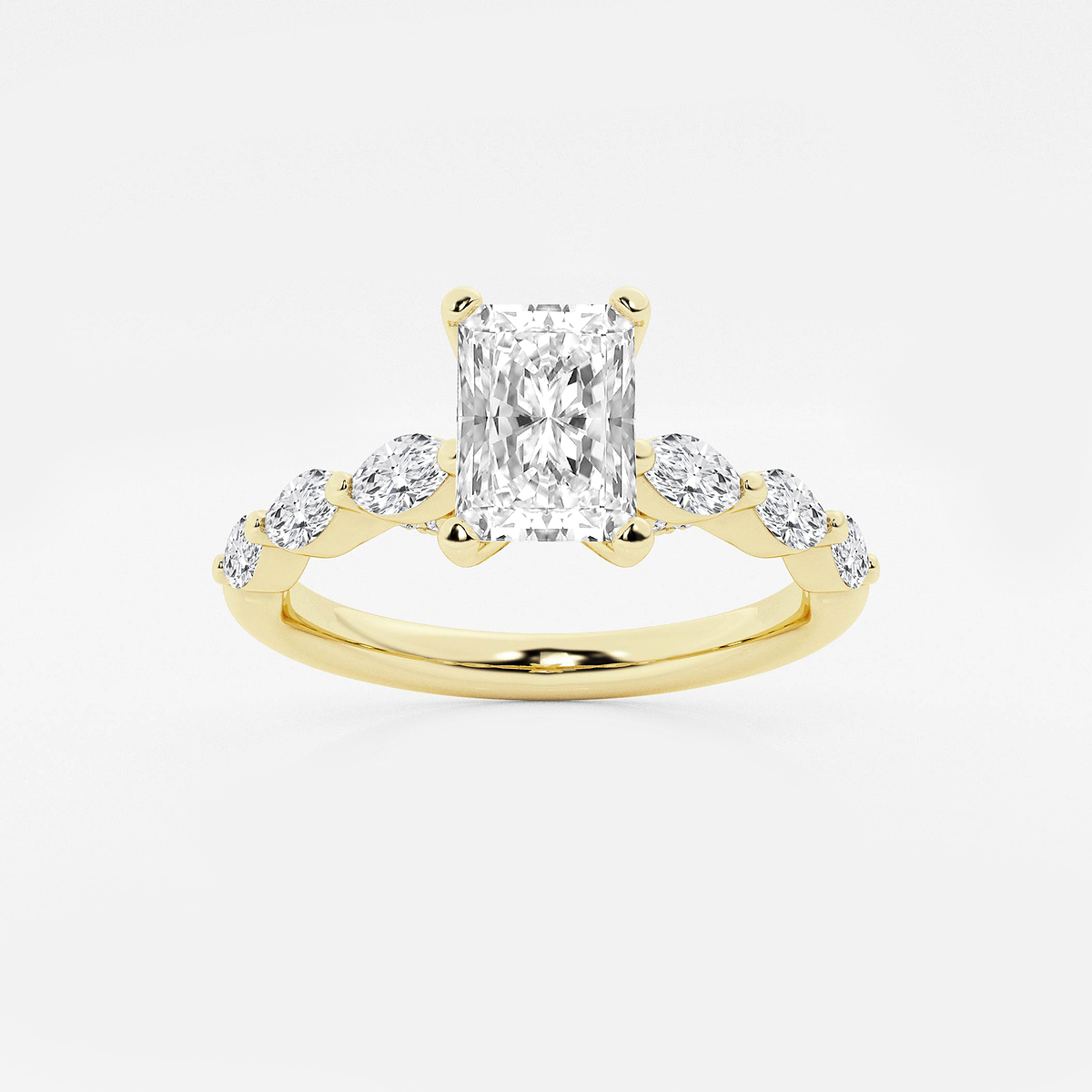 1 2/5 ctw Radiant Lab Grown Diamond Engagement Ring with Floating Marquise Side Accents 14K Yellow Gold, F, VS2