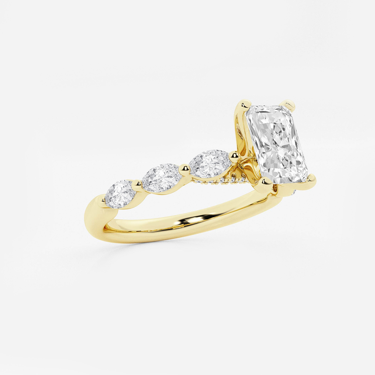 1 2/5 ctw Radiant Lab Grown Diamond Engagement Ring with Floating Marquise Side Accents 14K Yellow Gold, F, VS2