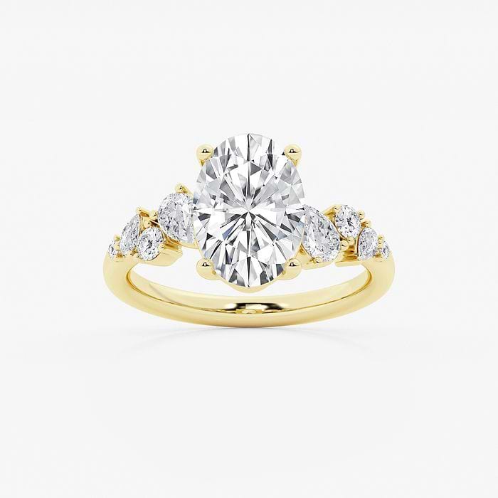 3 1/2 ctw Oval Lab Grown Diamond Side Stone Engagement Ring 14K Yellow Gold, D, VVS