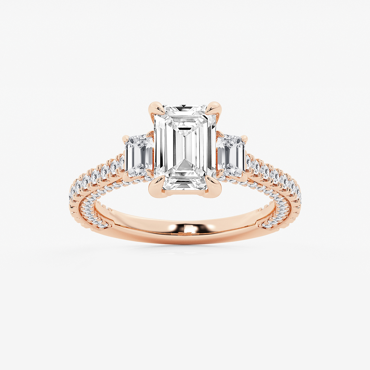 3 1/10 ctw Emerald Lab Grown Diamond Three Stone Engagement Ring with Side Diamonds