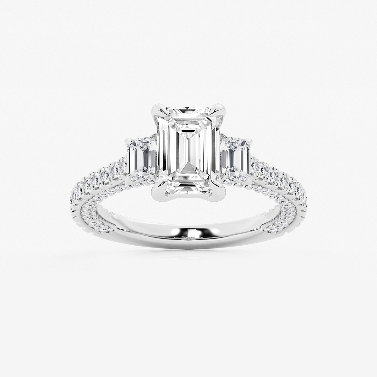 4 1/2 ctw Emerald Lab Grown Diamond Three Stone Engagement Ring with Side Diamonds