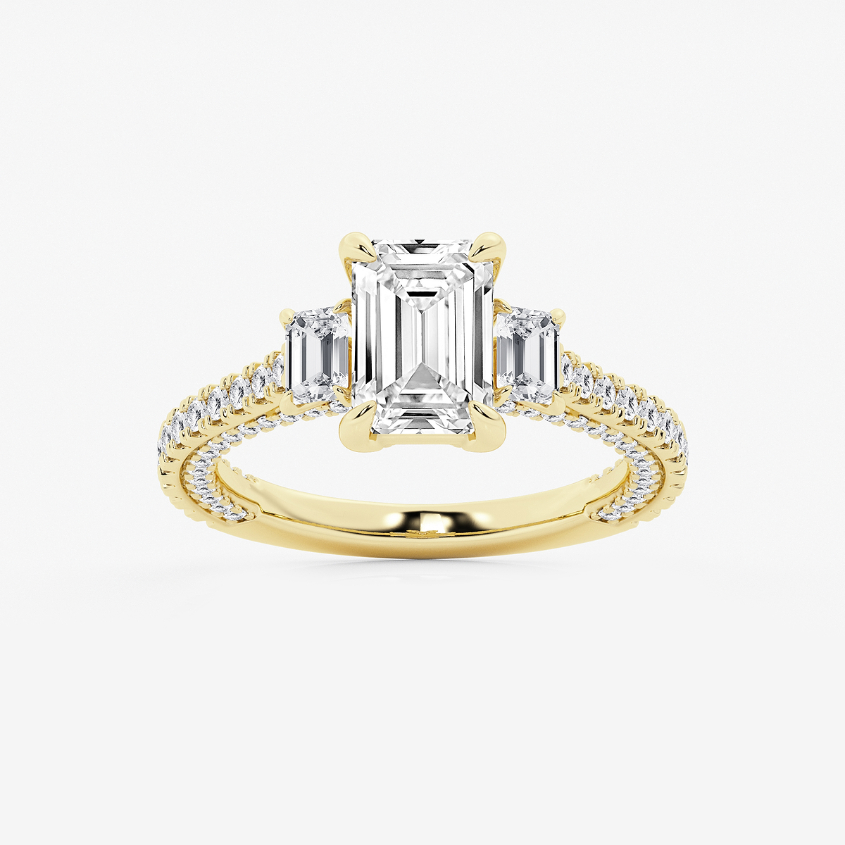 4 1/2 ctw Emerald Lab Grown Diamond Three Stone Engagement Ring with Side Diamonds
