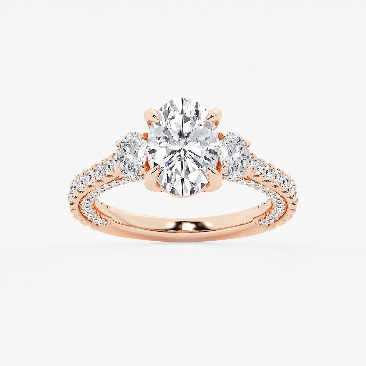3 1/10 ctw Oval Lab Grown Diamond Three Stone Engagement Ring with Side Diamonds