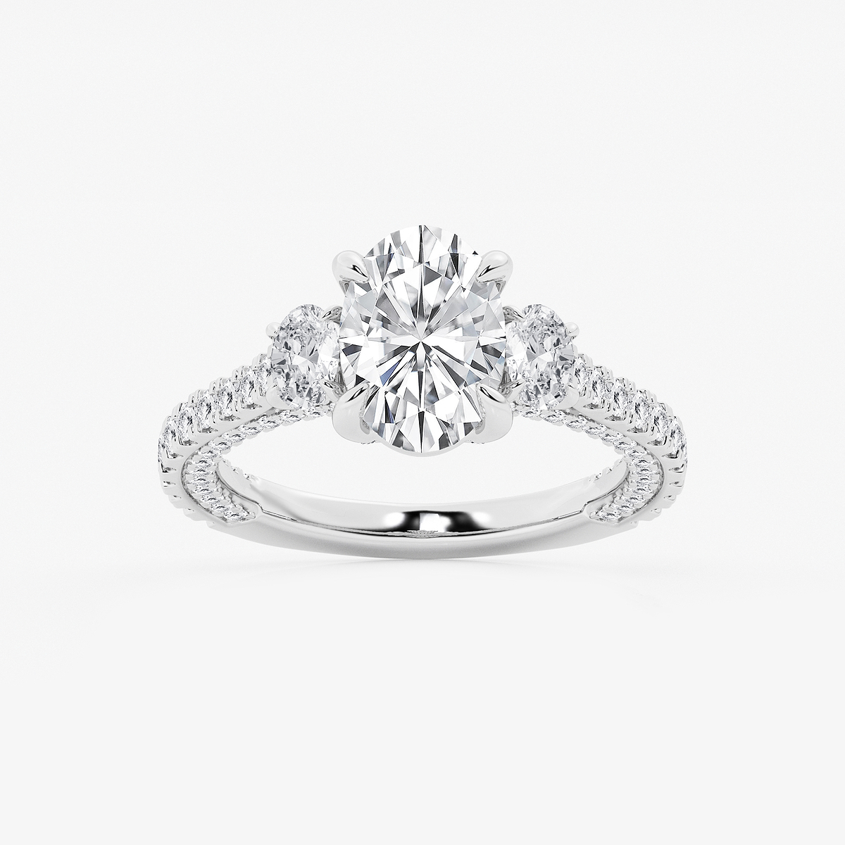 3 1/10 ctw Oval Lab Grown Diamond Three Stone Engagement Ring with Side Diamonds