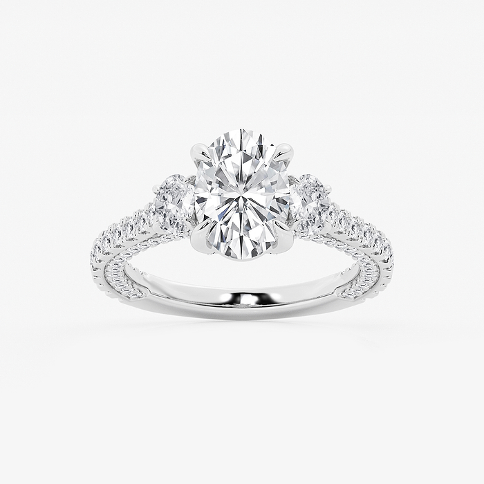Hyacinth - 4 1/2 ctw Oval Lab Grown Diamond Three Stone Engagement Ring with Side Diamonds