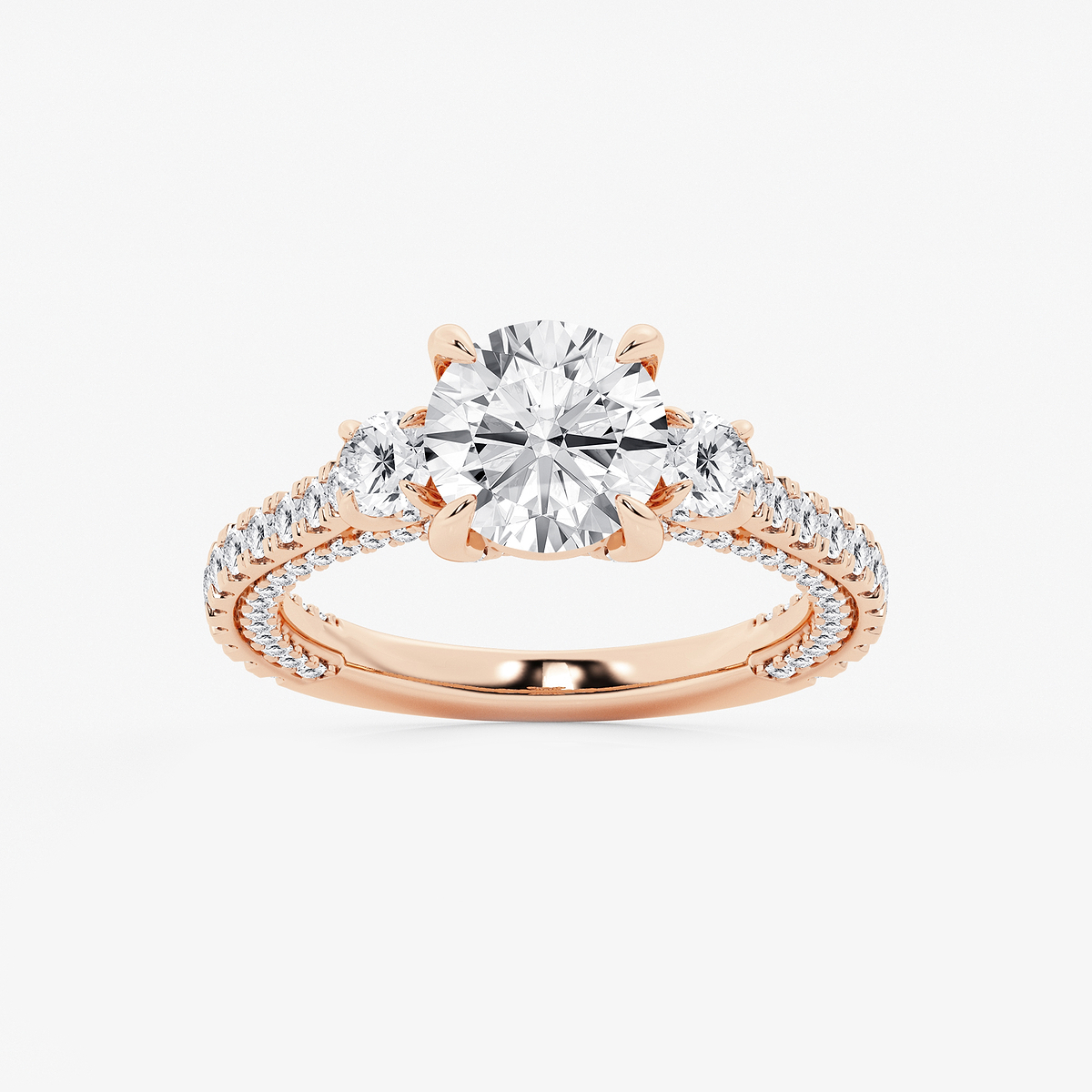 3 1/10 ctw Round Lab Grown Diamond Three Stone Engagement Ring with Side Diamonds