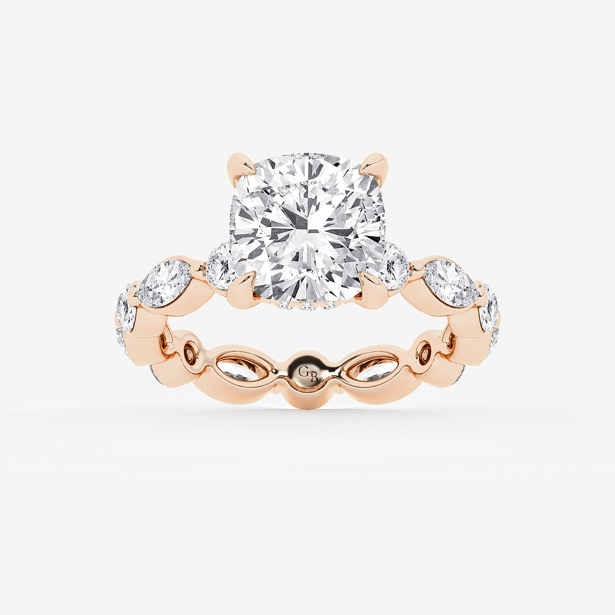 4 3/4 ctw Cushion Lab Grown Diamond Hidden Halo Alternating Round and Marquise Eternity Engagement Ring