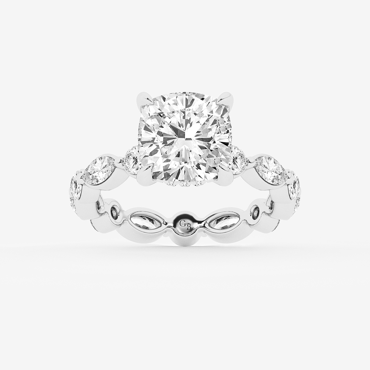 6 3/4 ctw Cushion Lab Grown Diamond Hidden Halo Alternating Round and Marquise Eternity Engagement Ring