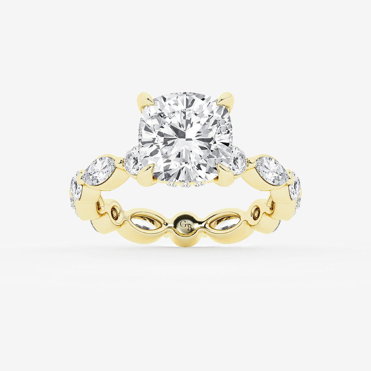 4 3/4 ctw Cushion Lab Grown Diamond Hidden Halo Alternating Round and Marquise Eternity Engagement Ring