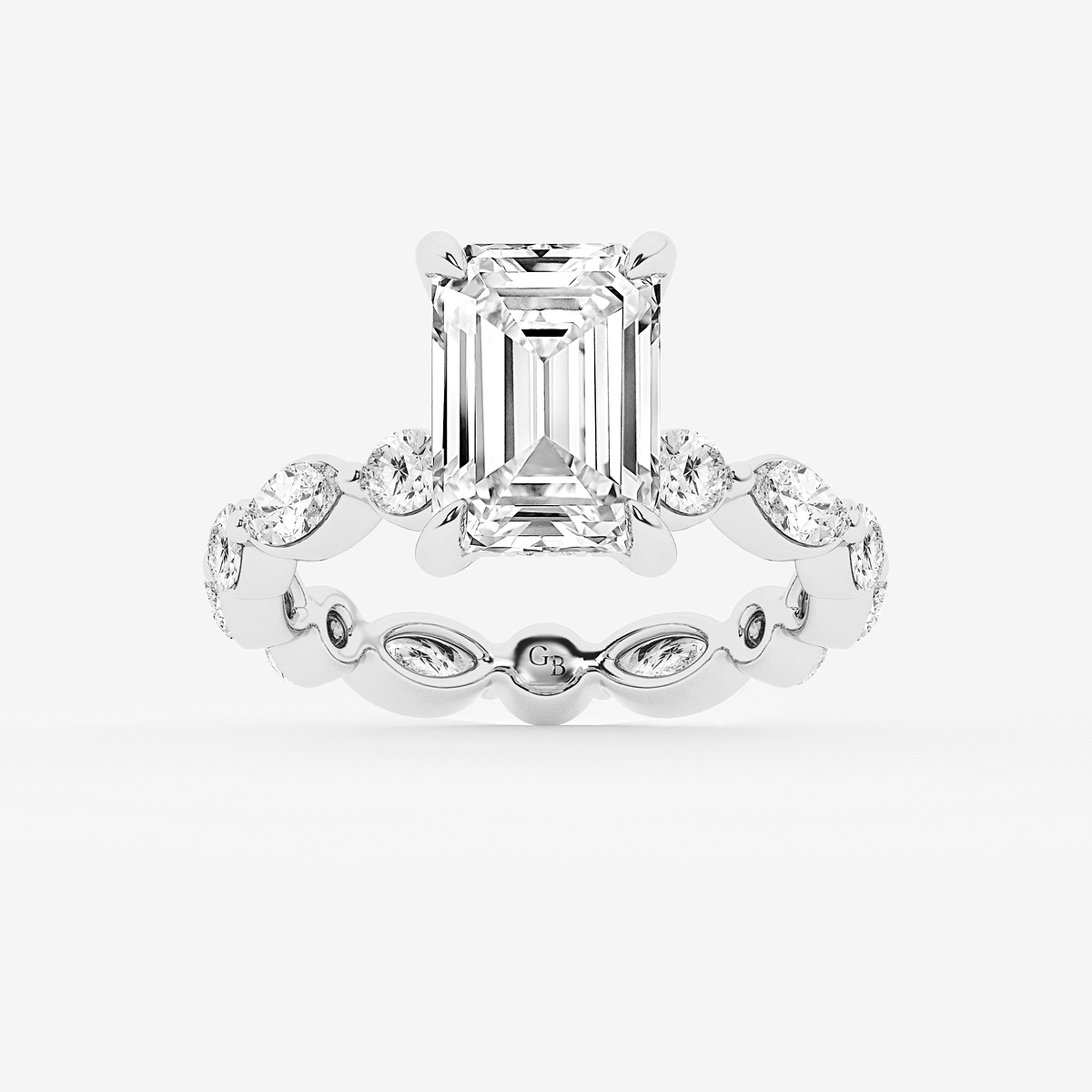 4 3/4 ctw Emerald Lab Grown Diamond Hidden Halo Alternating Round and Marquise Eternity Engagement Ring